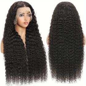 Density Brazilian Virgin Human Hair Deep Curly Lace Front Wigs Transparent HD 13x4 Lace Frontal Wigs Deep Wave 100% Real Human Hair Wigs Remy Pre (Hair Length: 24inch, Color: Black)